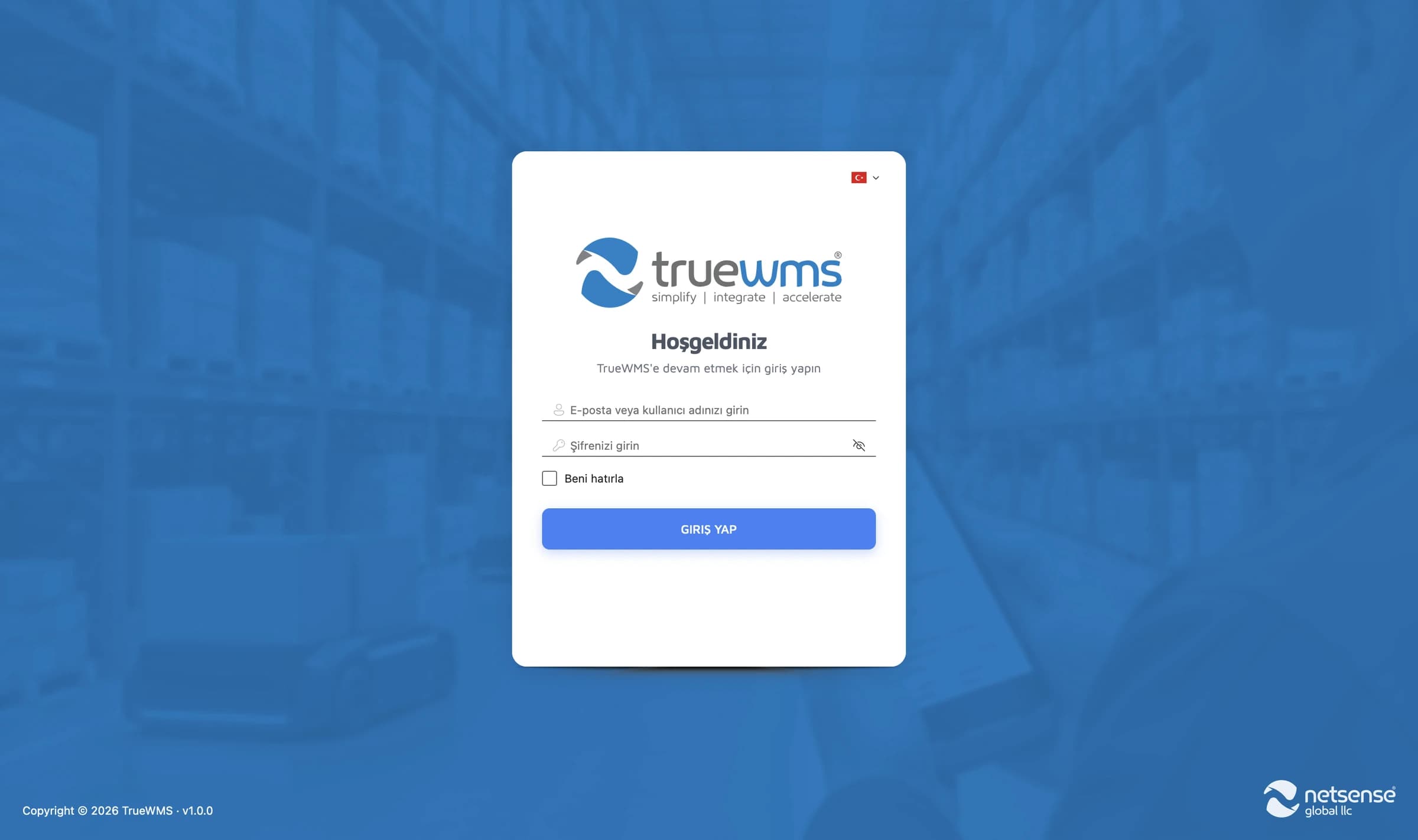 TrueWMS giriş ekranı