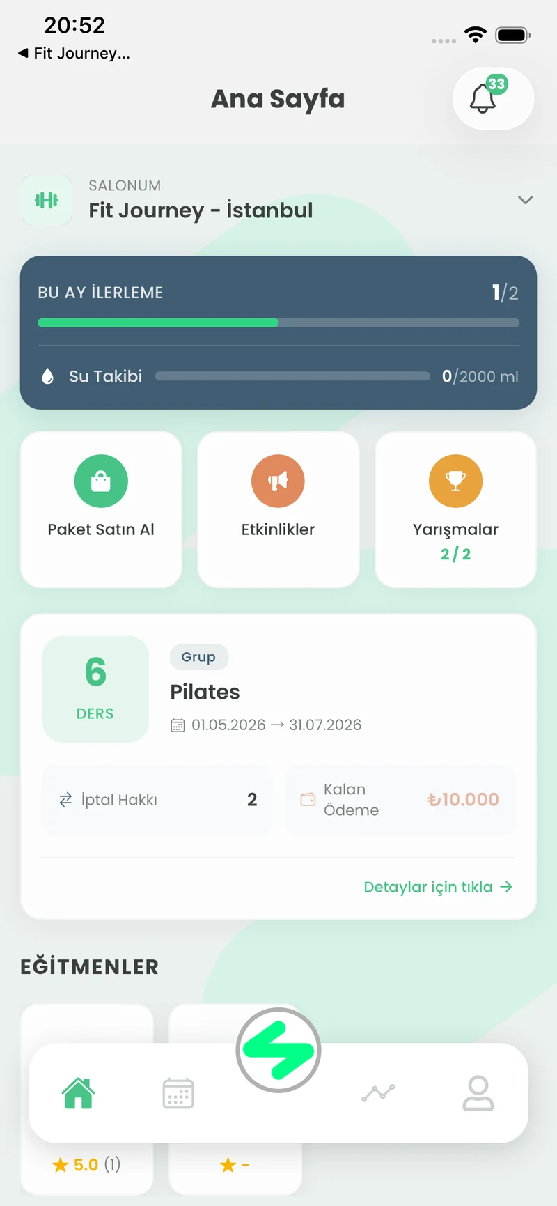 Üye uygulaması ana sayfası: paket, iptal hakkı ve kalan ödeme