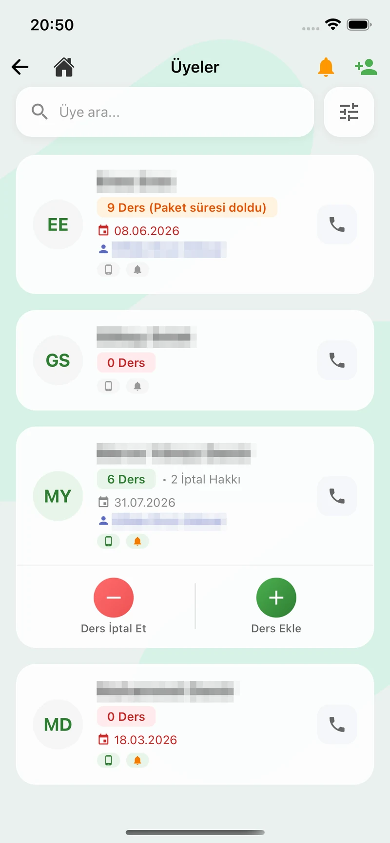 Üye listesi: paket durumu, kalan ders ve hızlı işlemler