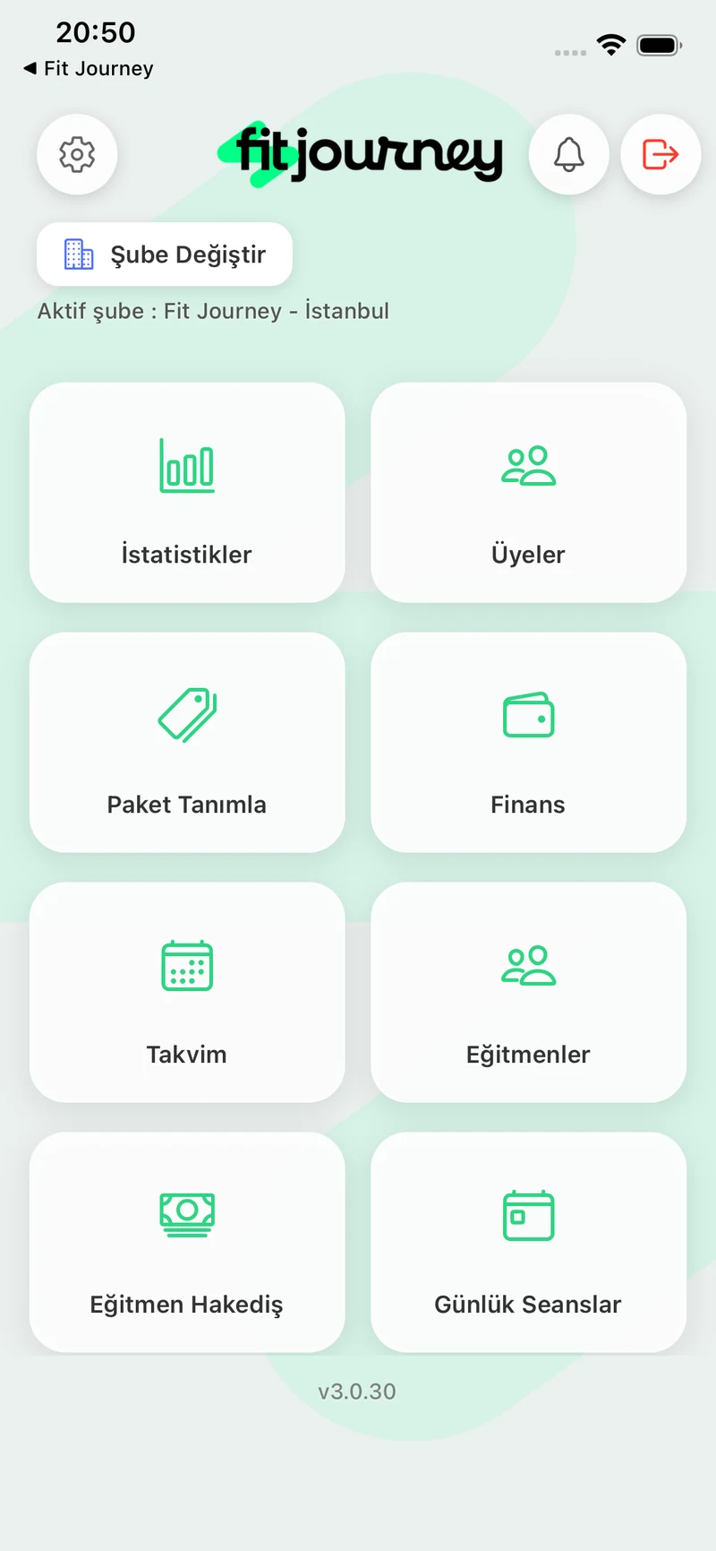 FitJourney yönetim uygulaması: modül ana ekranı